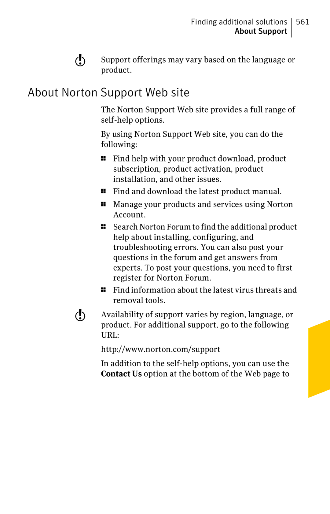 Symantec 11022527 manual About Norton Support Web site 