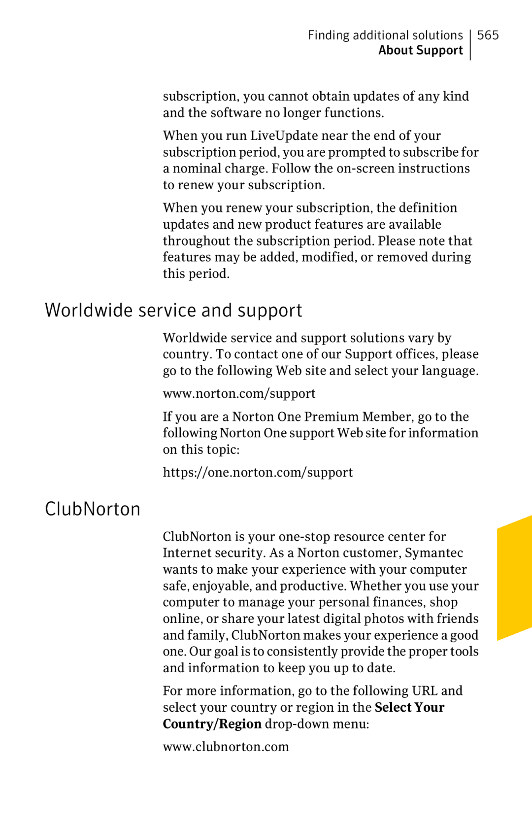 Symantec 11022527 manual Worldwide service and support, ClubNorton, 565 