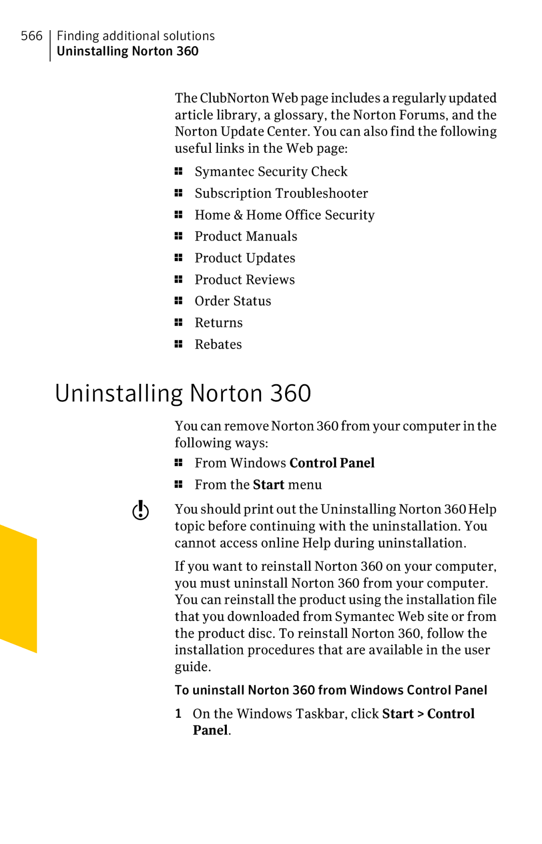 Symantec 11022527 manual Uninstalling Norton, Panel 