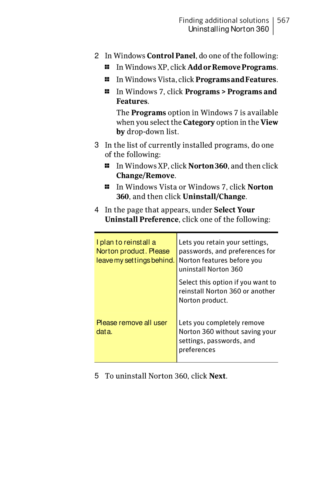 Symantec 11022527 manual 567, To uninstall Norton 360, click Next 