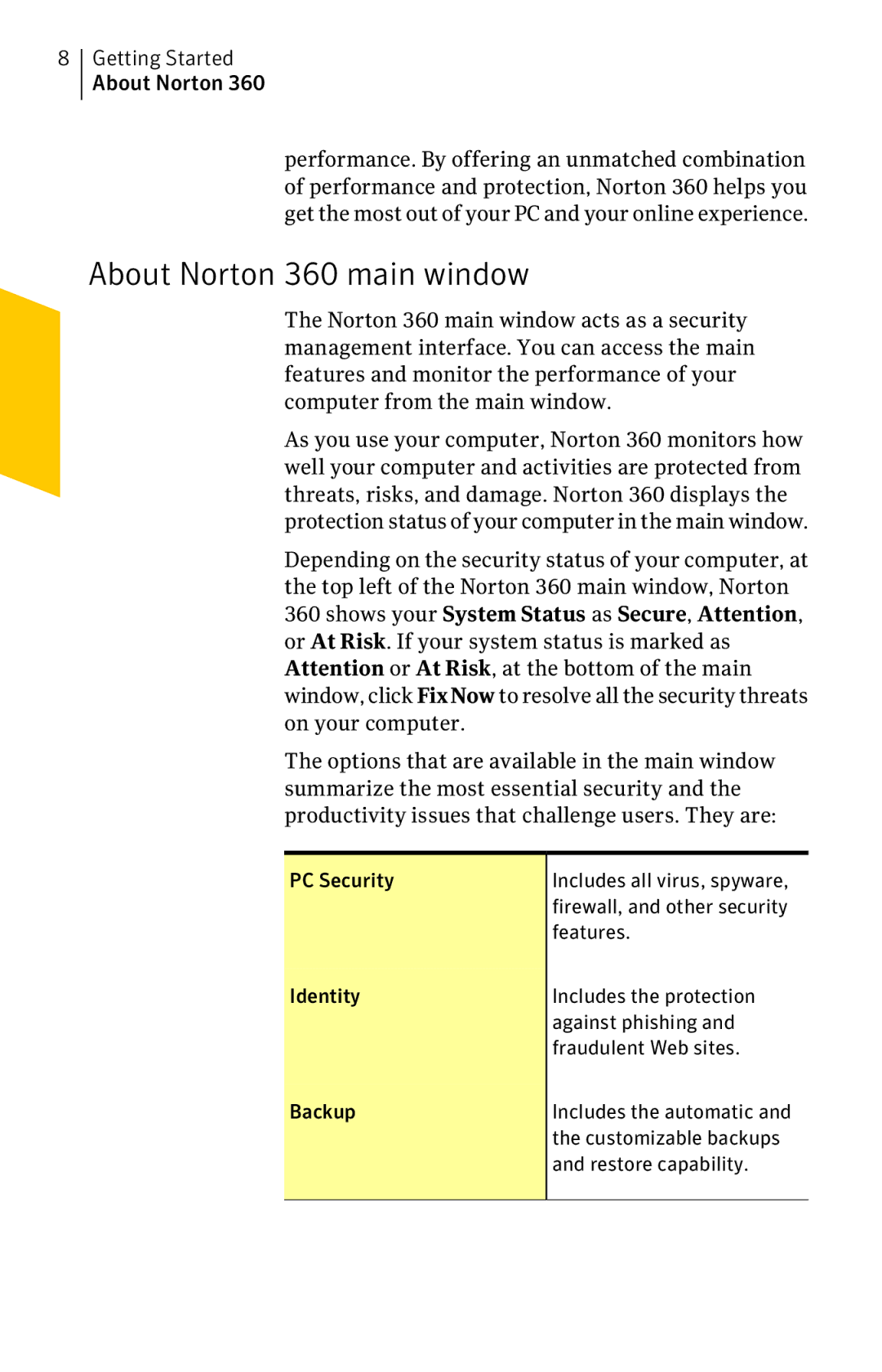 Symantec 11022527 About Norton 360 main window, Getting Started About Norton, PC Security, Features, Restore capability 