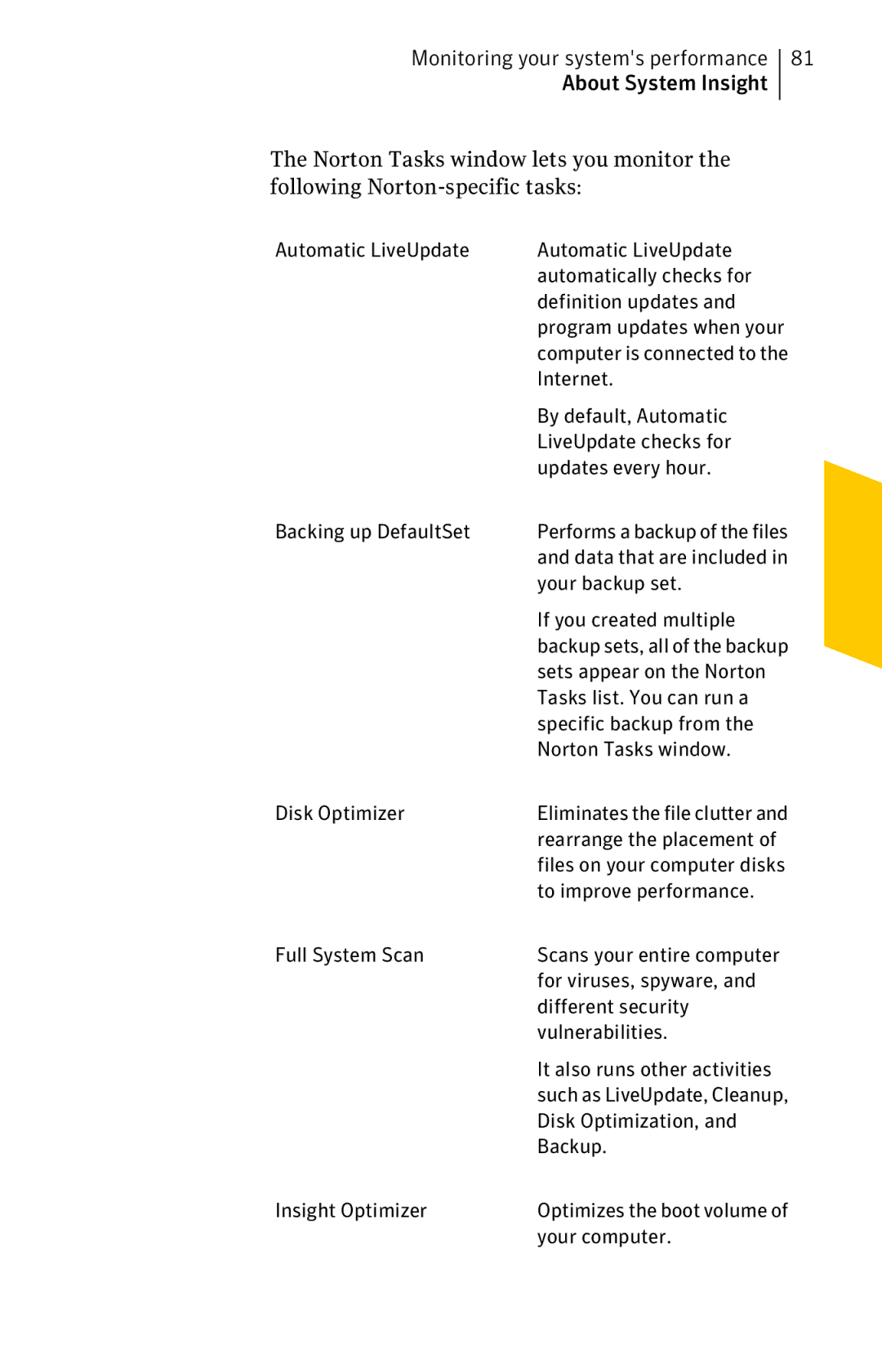 Symantec 11022527 manual Internet, By default, Automatic, LiveUpdate checks for, Updates every hour, Backing up DefaultSet 