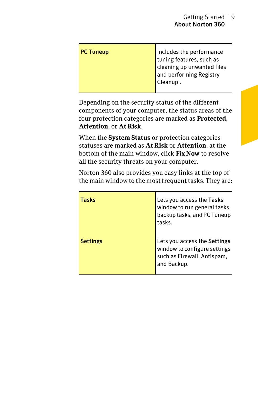 Symantec 11022527 manual Getting Started, Settings 