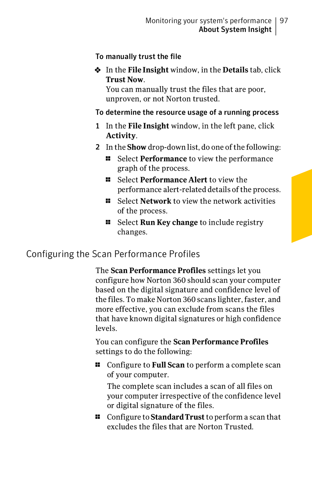 Symantec 11022527 manual Configuring the Scan Performance Profiles 