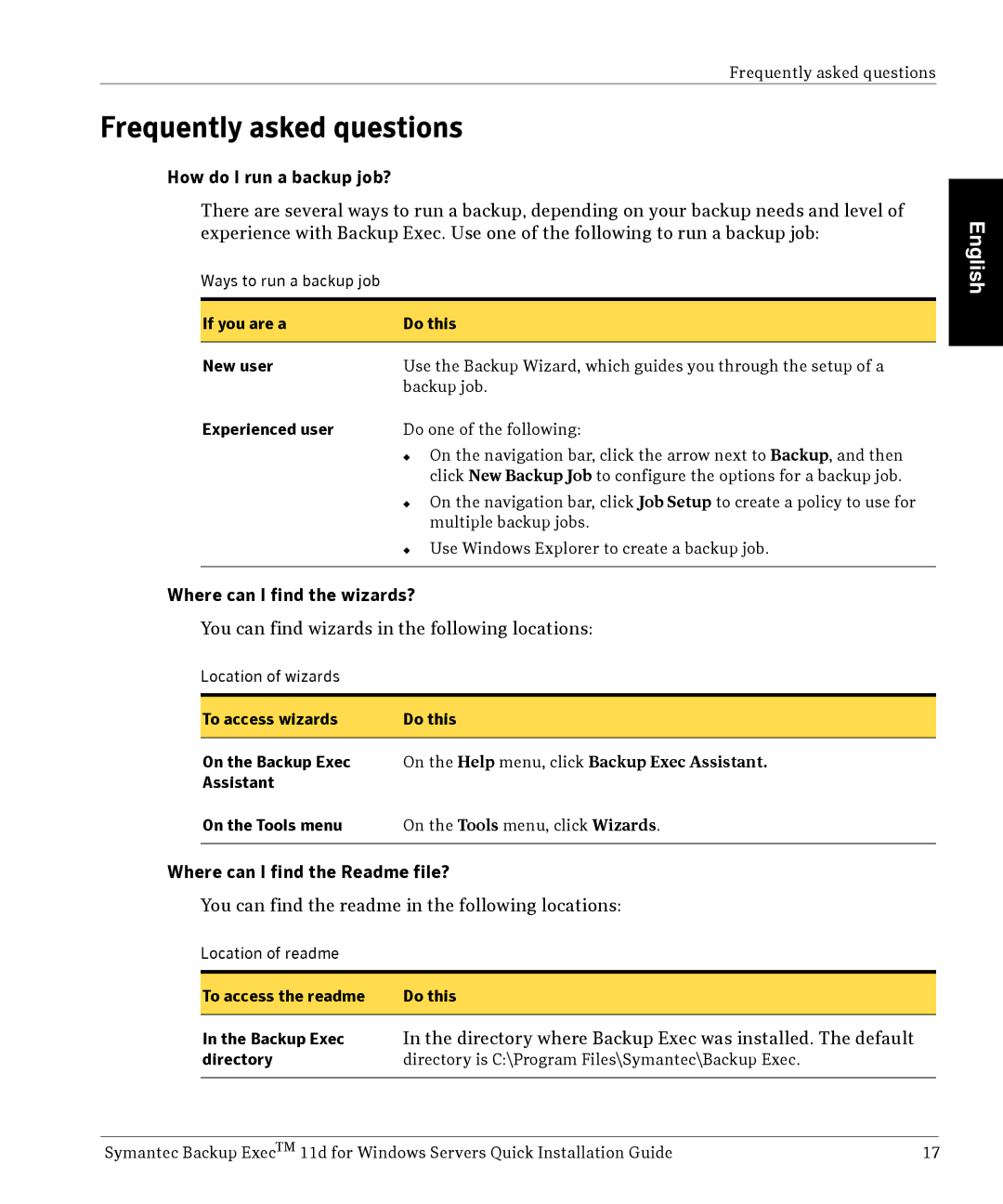 Symantec 11D manual Frequently asked questions, How do I run a backup job?, Where can I find the wizards? 