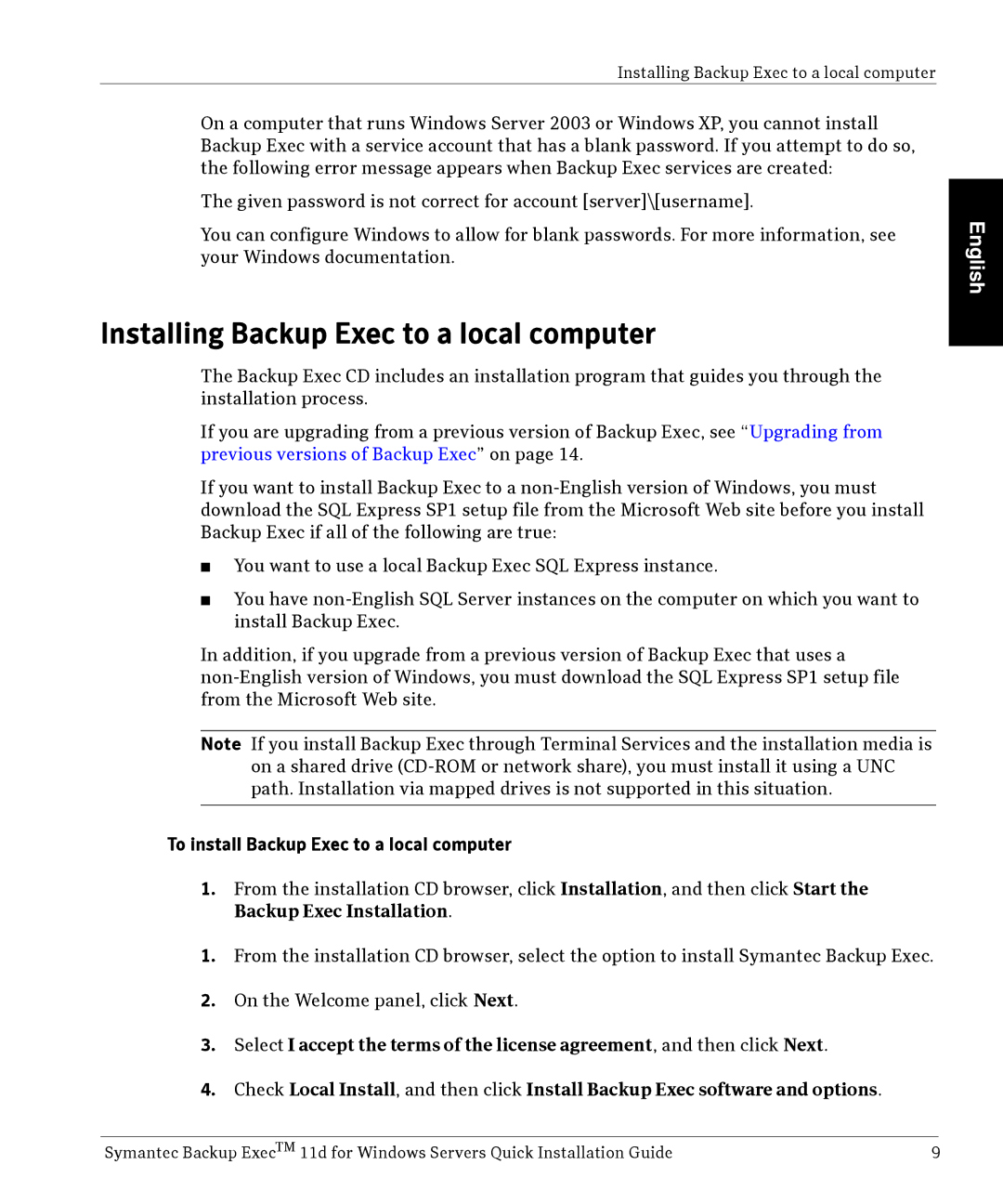 Symantec 11D manual Installing Backup Exec to a local computer, To install Backup Exec to a local computer 