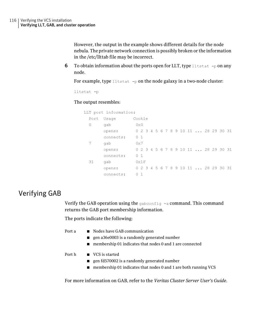 Symantec 5 manual Verifying GAB, Output resembles 