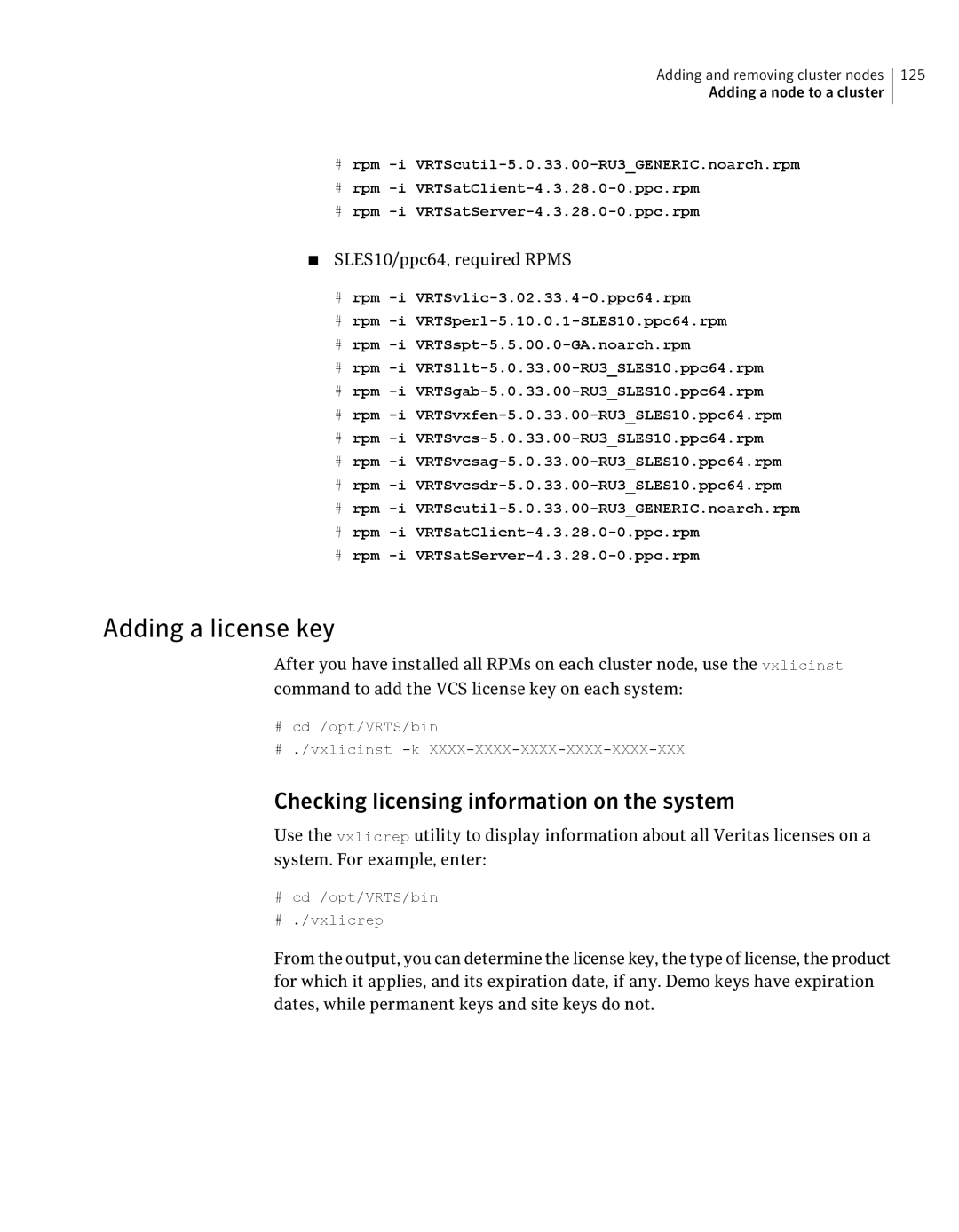 Symantec 5 manual Adding a license key, Checking licensing information on the system, SLES10/ppc64, required Rpms 