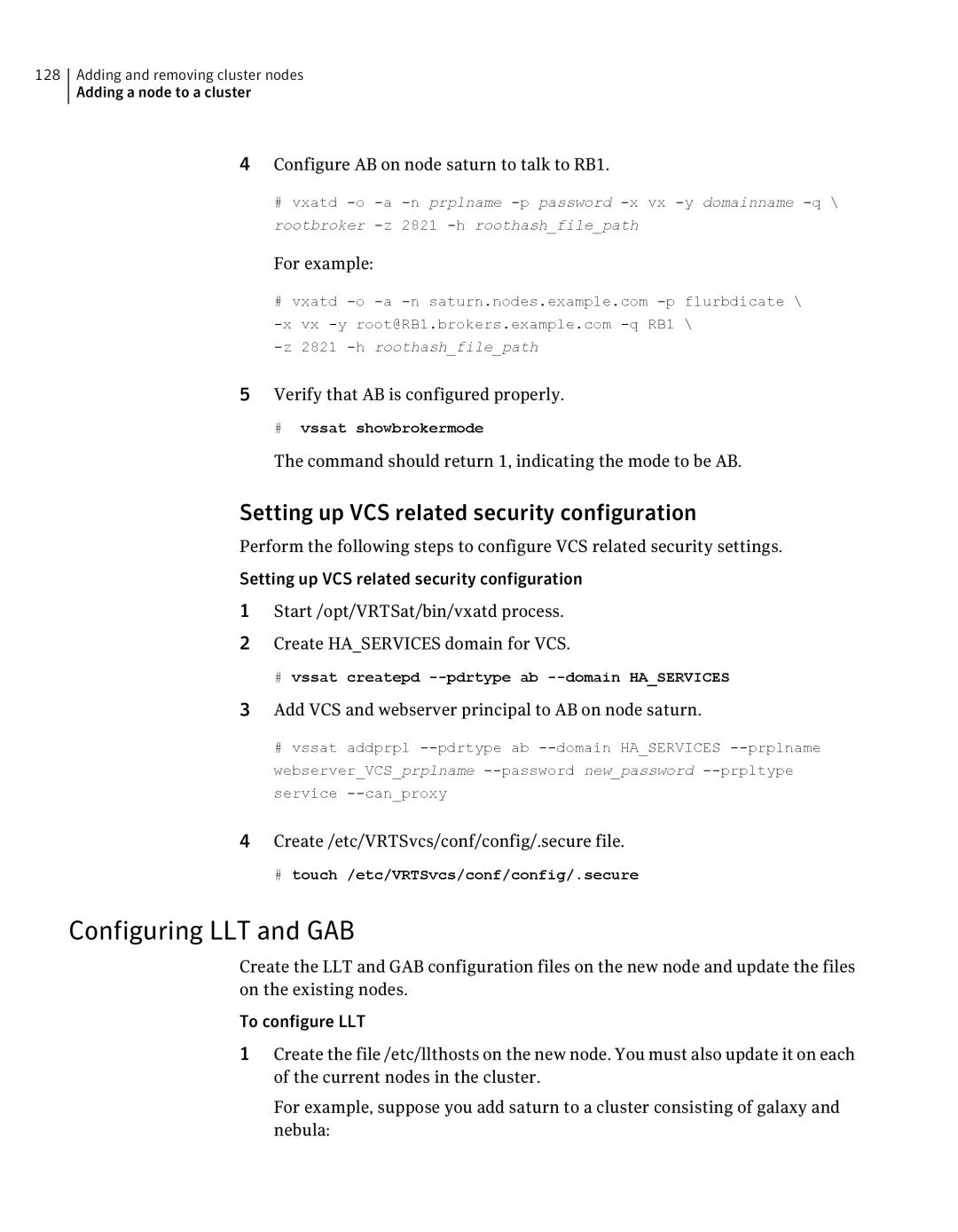 Symantec 5 manual Configuring LLT and GAB, Setting up VCS related security configuration 