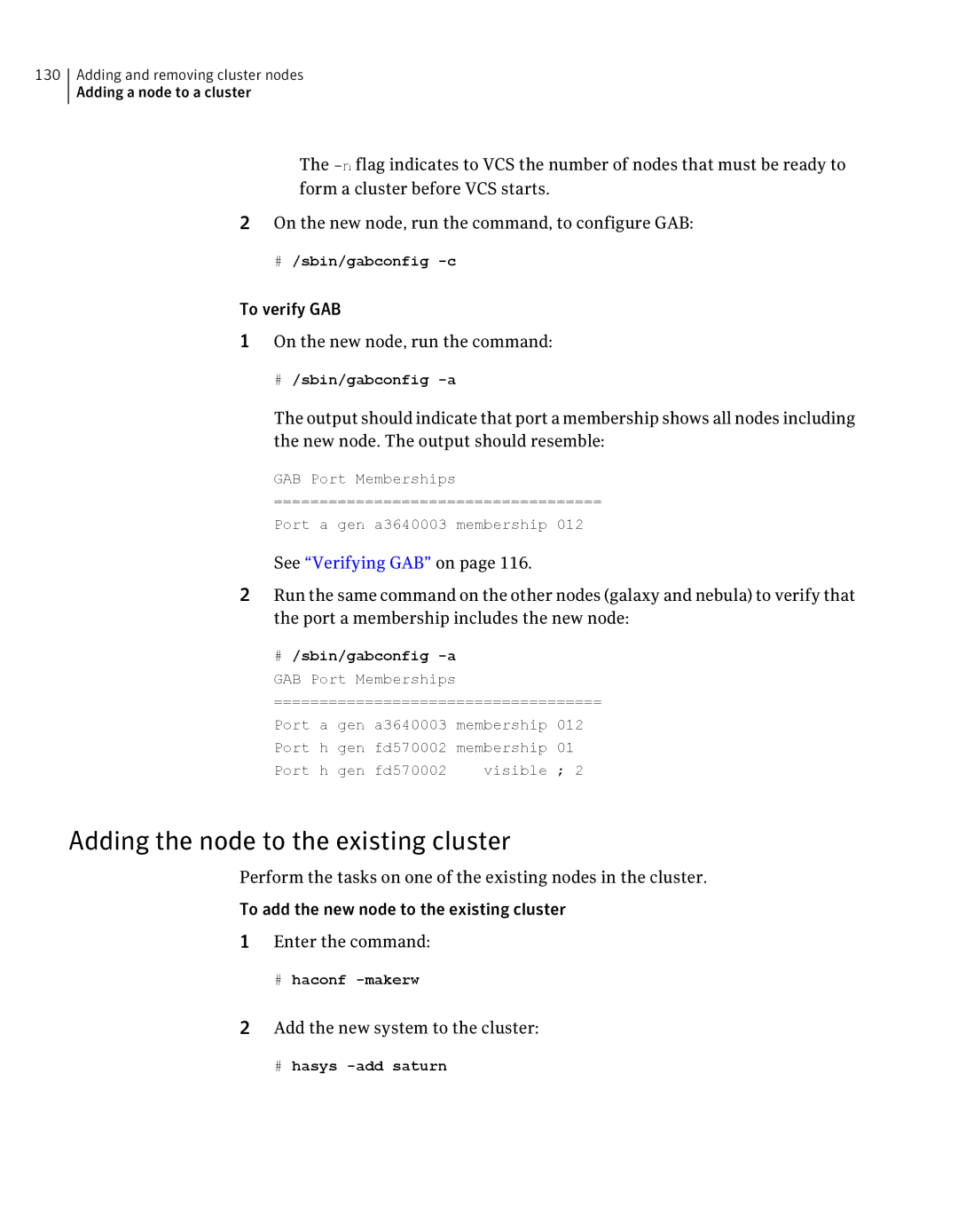 Symantec 5 manual Adding the node to the existing cluster, To verify GAB On the new node, run the command 