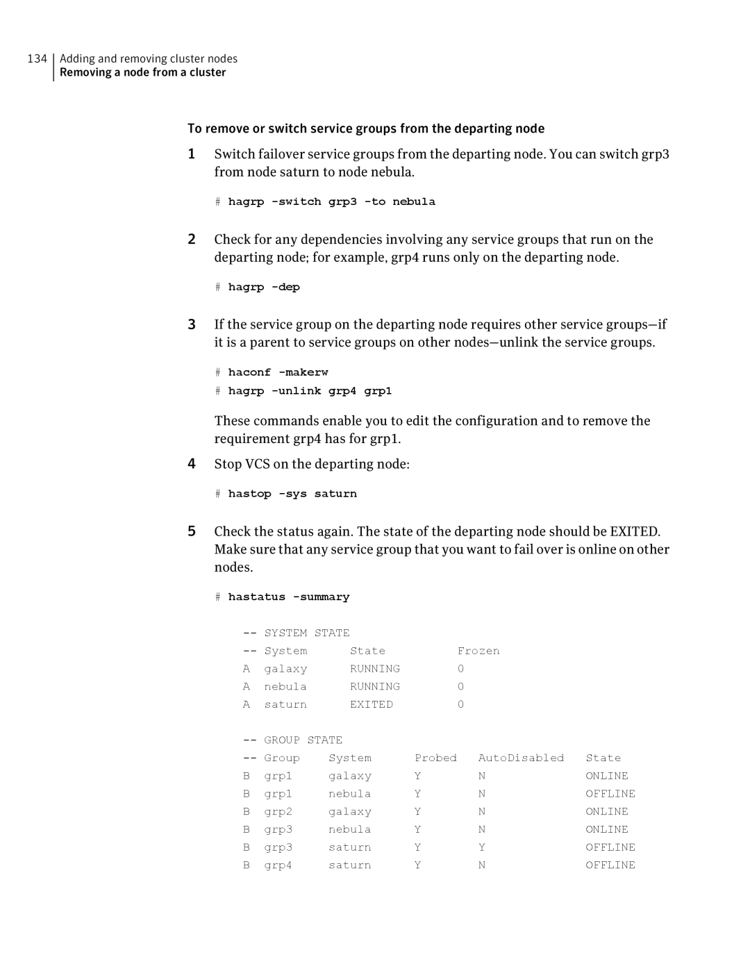 Symantec 5 manual # hagrp -switch grp3 -to nebula, # hagrp -dep, # haconf -makerw # hagrp -unlink grp4 grp1 