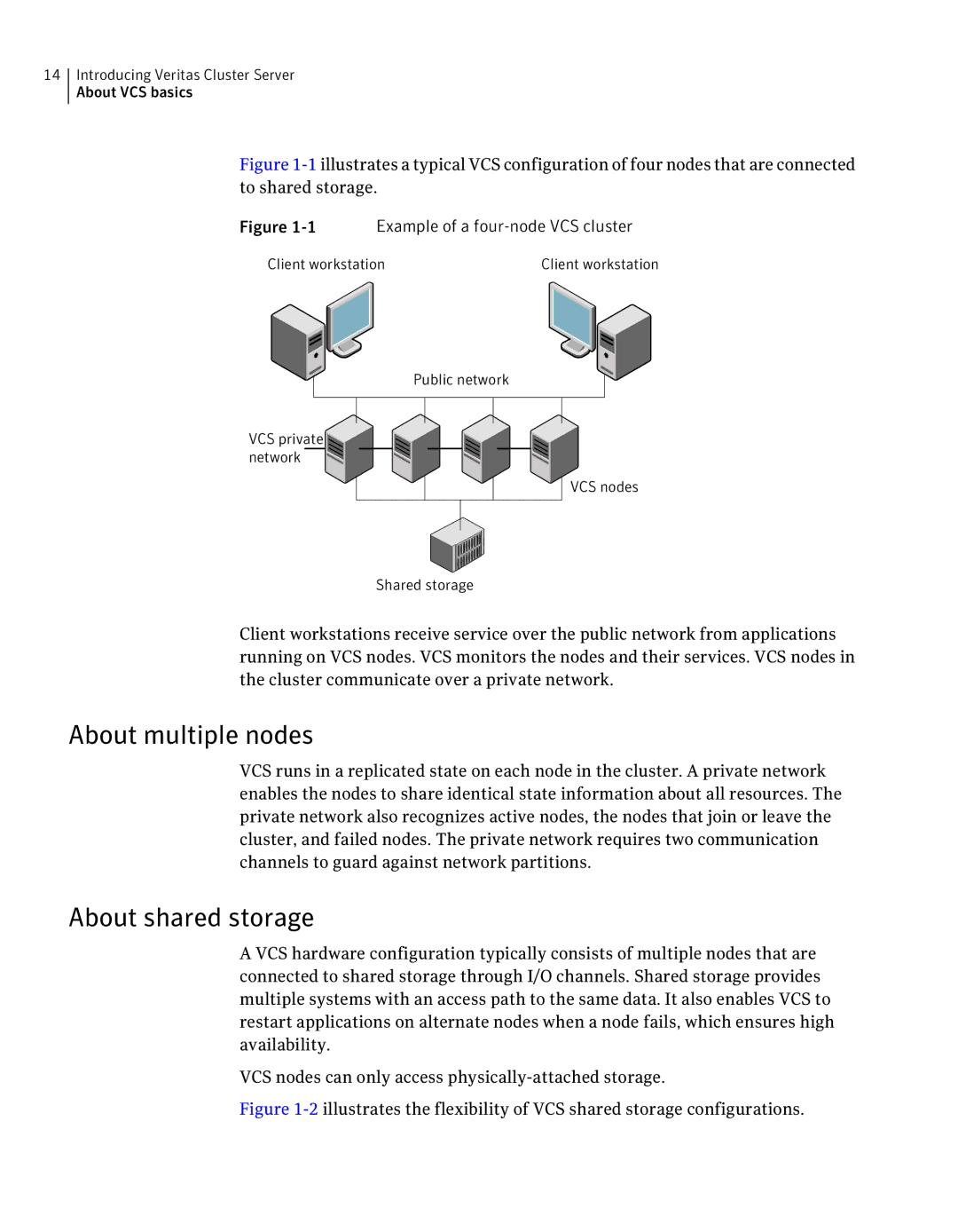 Symantec 5 manual About multiple nodes, About shared storage, Example of a four-node VCS cluster 