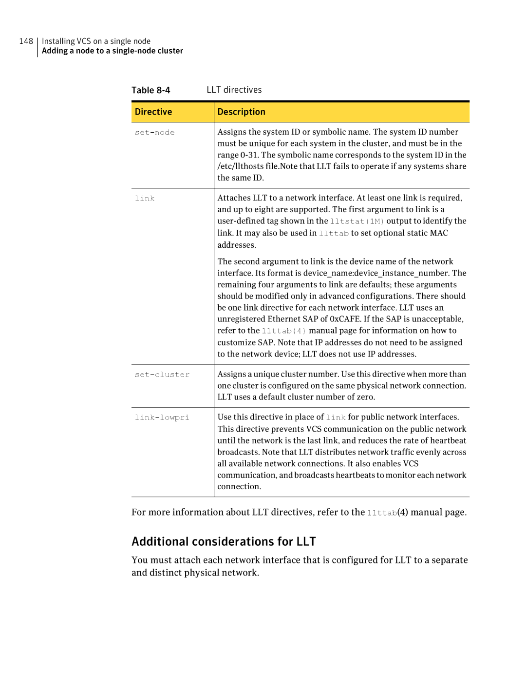 Symantec 5 manual Additional considerations for LLT, LLT directives, Directive Description 