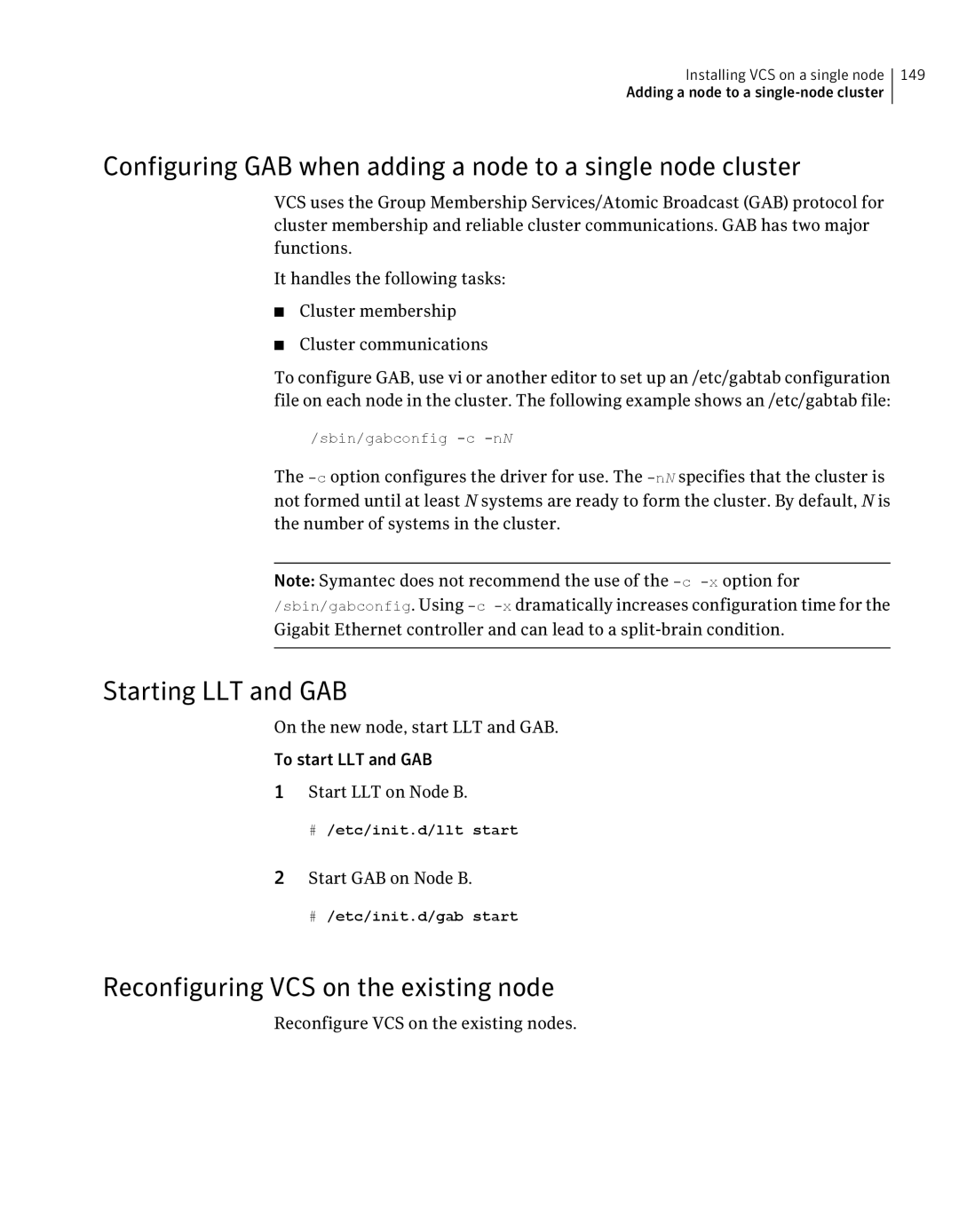 Symantec 5 manual Configuring GAB when adding a node to a single node cluster, Starting LLT and GAB, Start GAB on Node B 