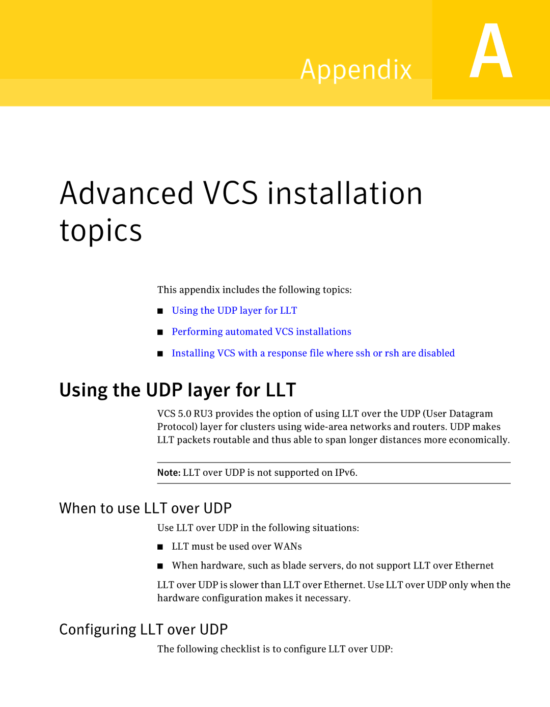 Symantec 5 manual Using the UDP layer for LLT, When to use LLT over UDP, Configuring LLT over UDP 