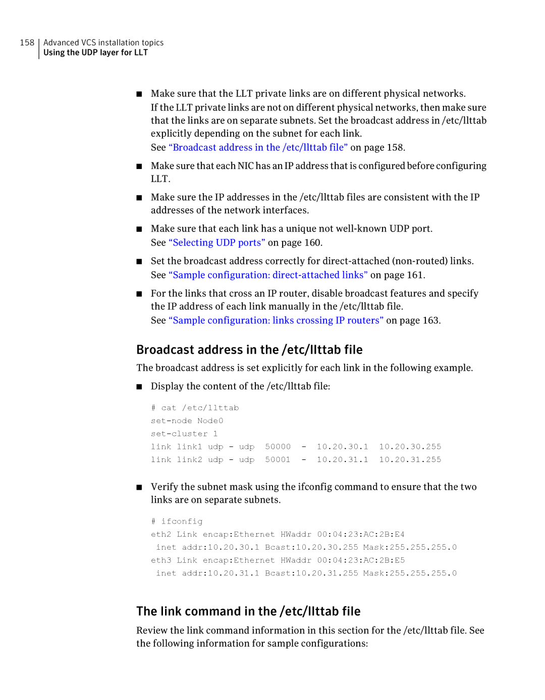 Symantec 5 manual Broadcast address in the /etc/llttab file, Link command in the /etc/llttab file 