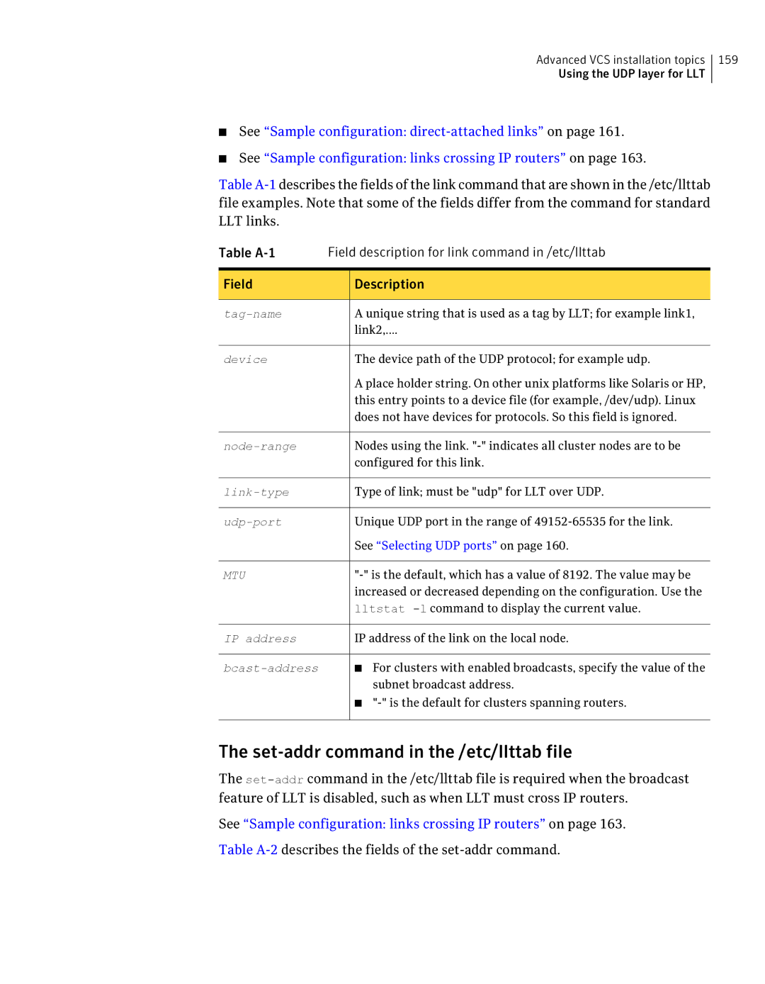 Symantec 5 manual Set-addr command in the /etc/llttab file, Table A-2describes the fields of the set-addr command 