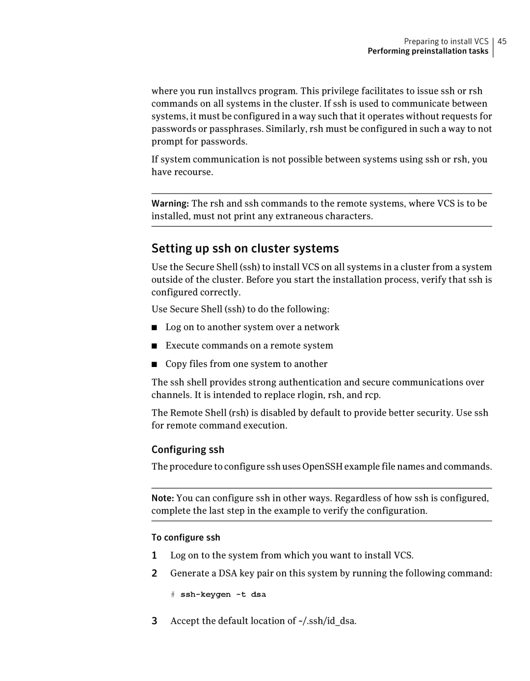 Symantec 5 manual Setting up ssh on cluster systems, Accept the default location of ~/.ssh/iddsa, # ssh-keygen -t dsa 