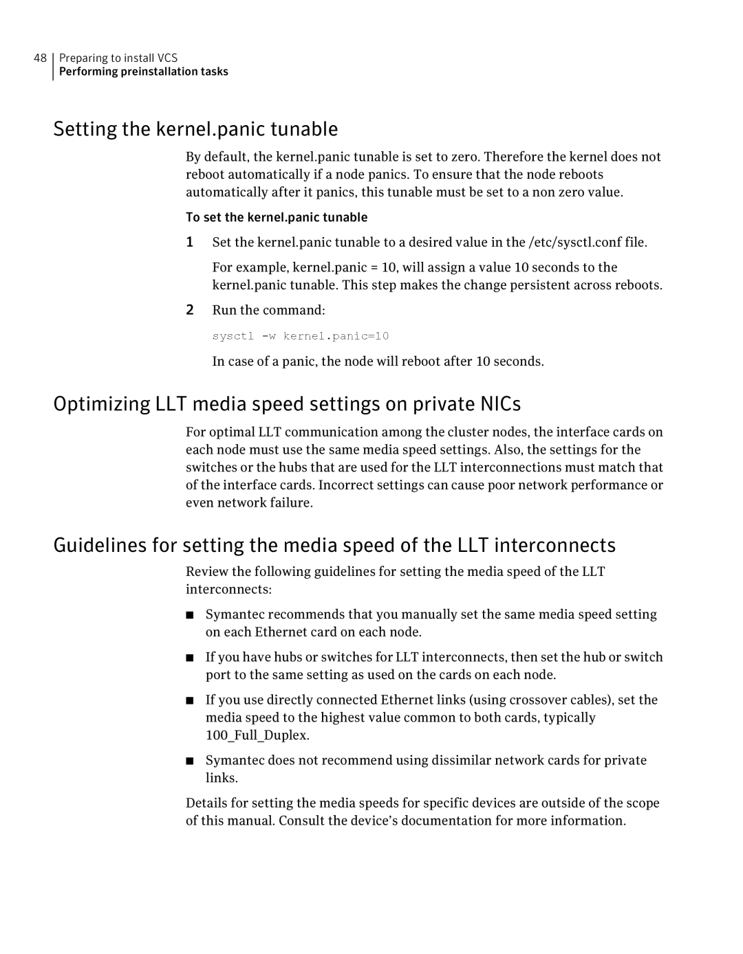 Symantec 5 manual Setting the kernel.panic tunable, Optimizing LLT media speed settings on private NICs 