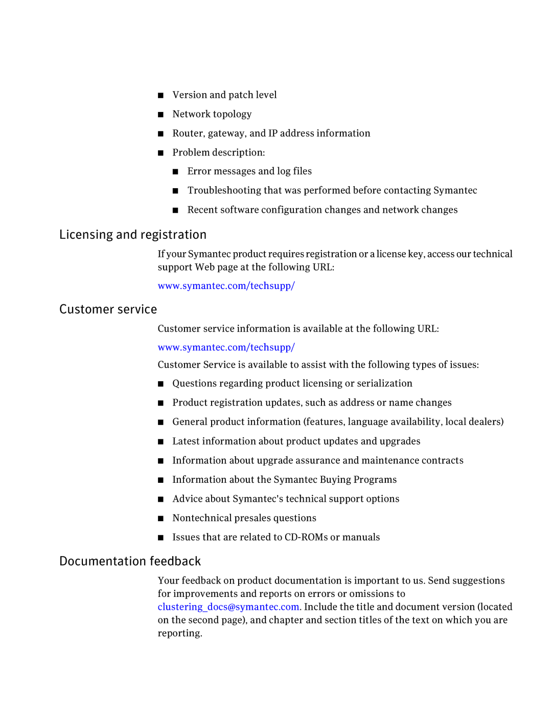 Symantec 5 manual Licensing and registration, Customer service, Documentation feedback 