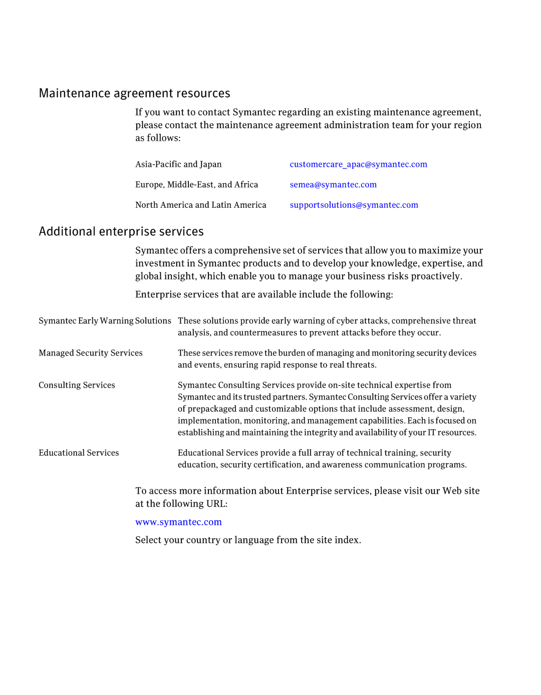 Symantec 5 manual Maintenance agreement resources, Additional enterprise services 