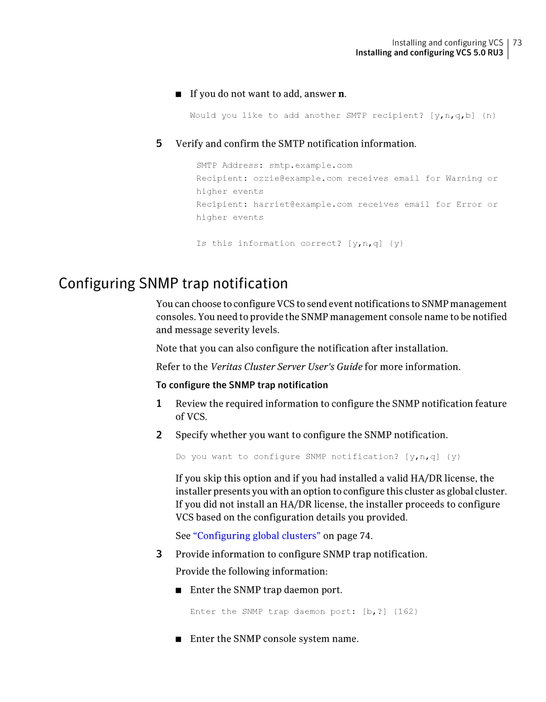 Symantec 5 Configuring Snmp trap notification, If you do not want to add, answer n, See Configuring global clusters on 