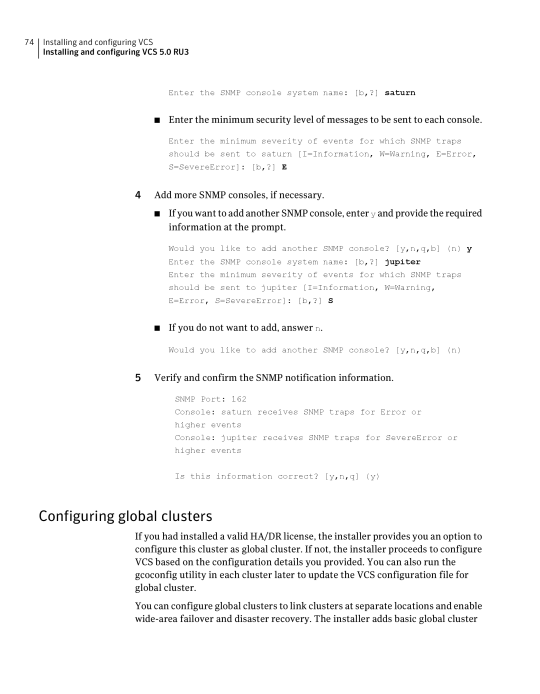 Symantec 5 manual Configuring global clusters, Verify and confirm the Snmp notification information 