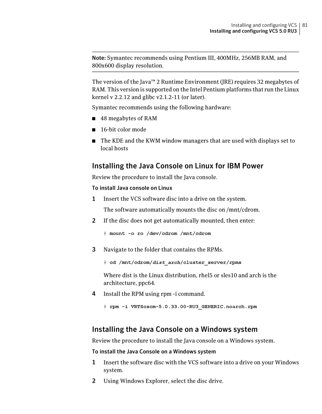 Symantec 5 manual Installing the Java Console on Linux for IBM Power, Installing the Java Console on a Windows system 