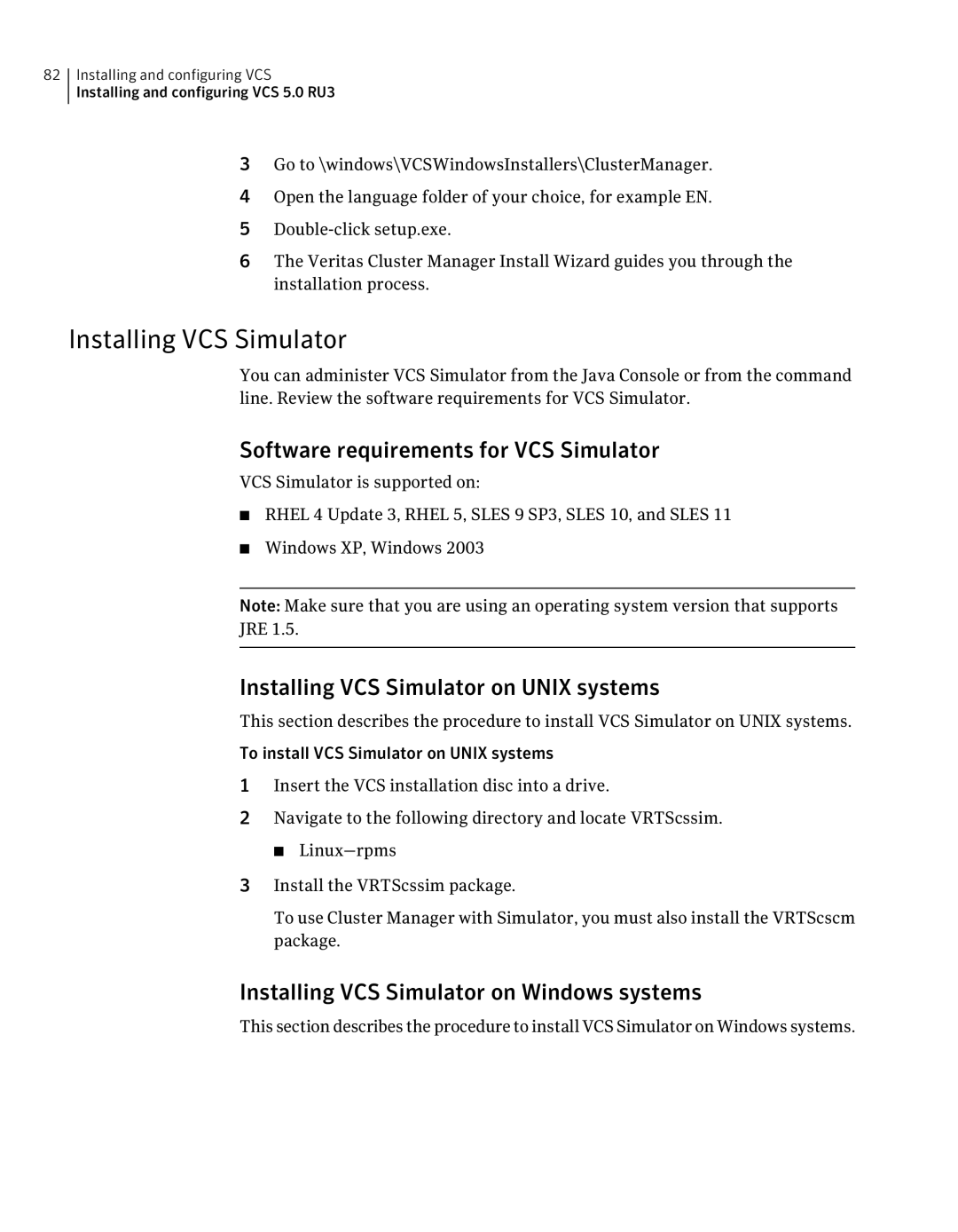 Symantec 5 manual Software requirements for VCS Simulator, Installing VCS Simulator on Unix systems 