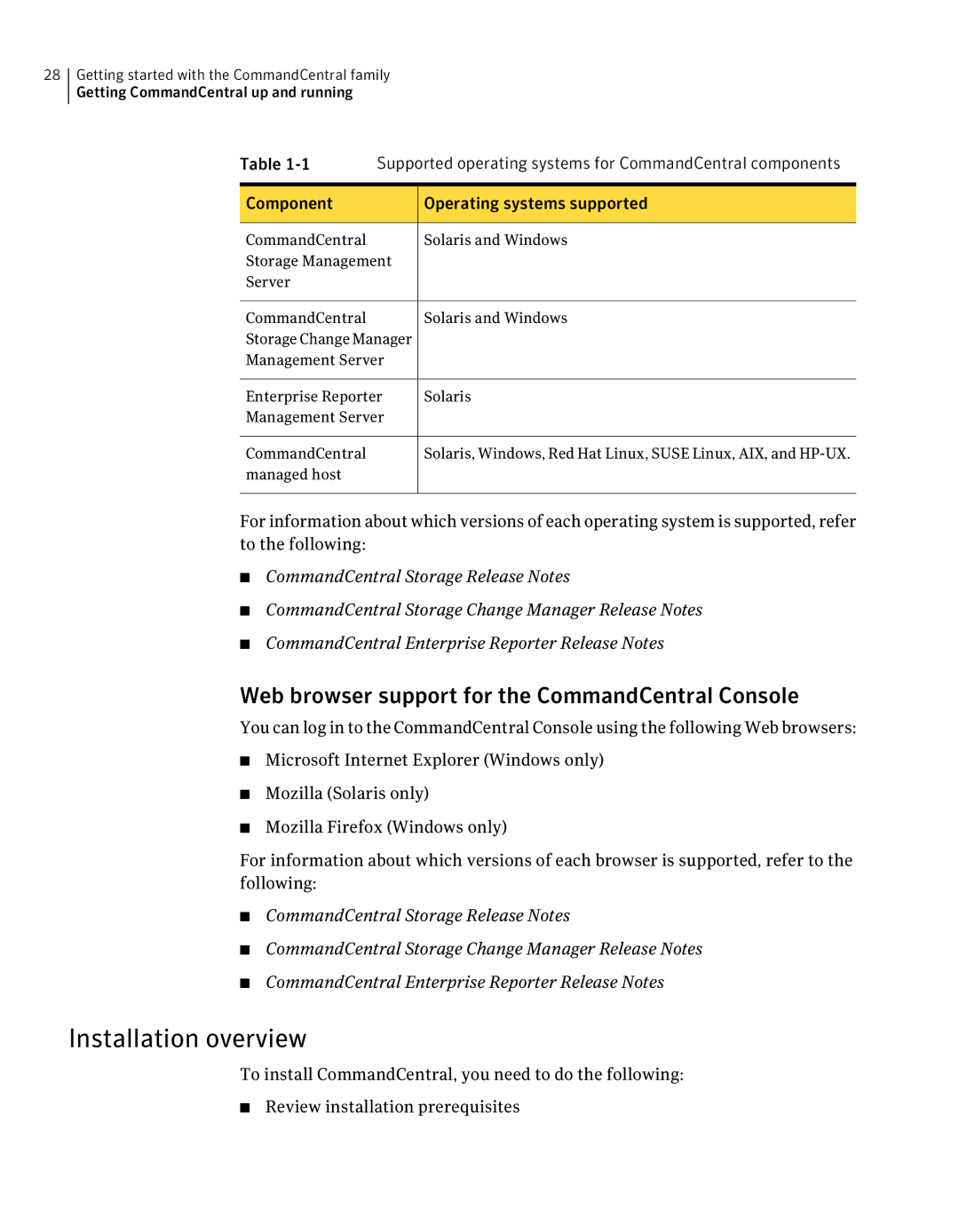 Symantec 5.1 manual Installation overview, Web browser support for the CommandCentral Console 