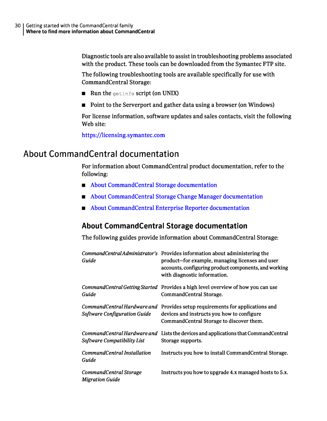 Symantec 5.1 About CommandCentral documentation, About CommandCentral Storage documentation, https//licensing.symantec.com 
