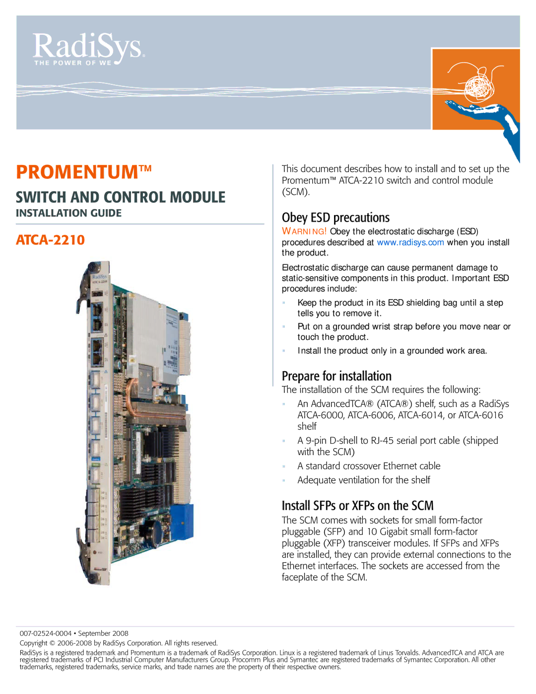 Symantec ATCA-2210 manual Obey ESD precautions, Prepare for installation, Install SFPs or XFPs on the SCM 