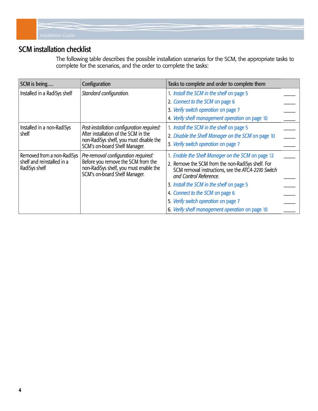 Symantec ATCA-2210 SCM installation checklist, Standard configuration, and Control Reference, Connect to the SCM on page 