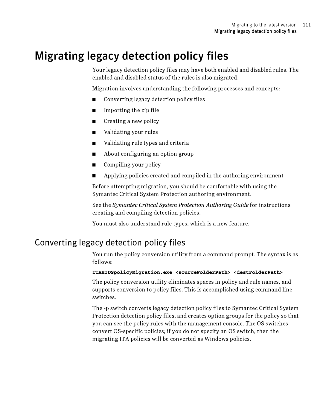 Symantec Critical System manual Migrating legacy detection policy files, Converting legacy detection policy files 