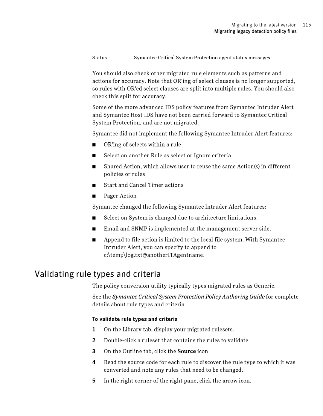 Symantec Critical System manual Validating rule types and criteria 