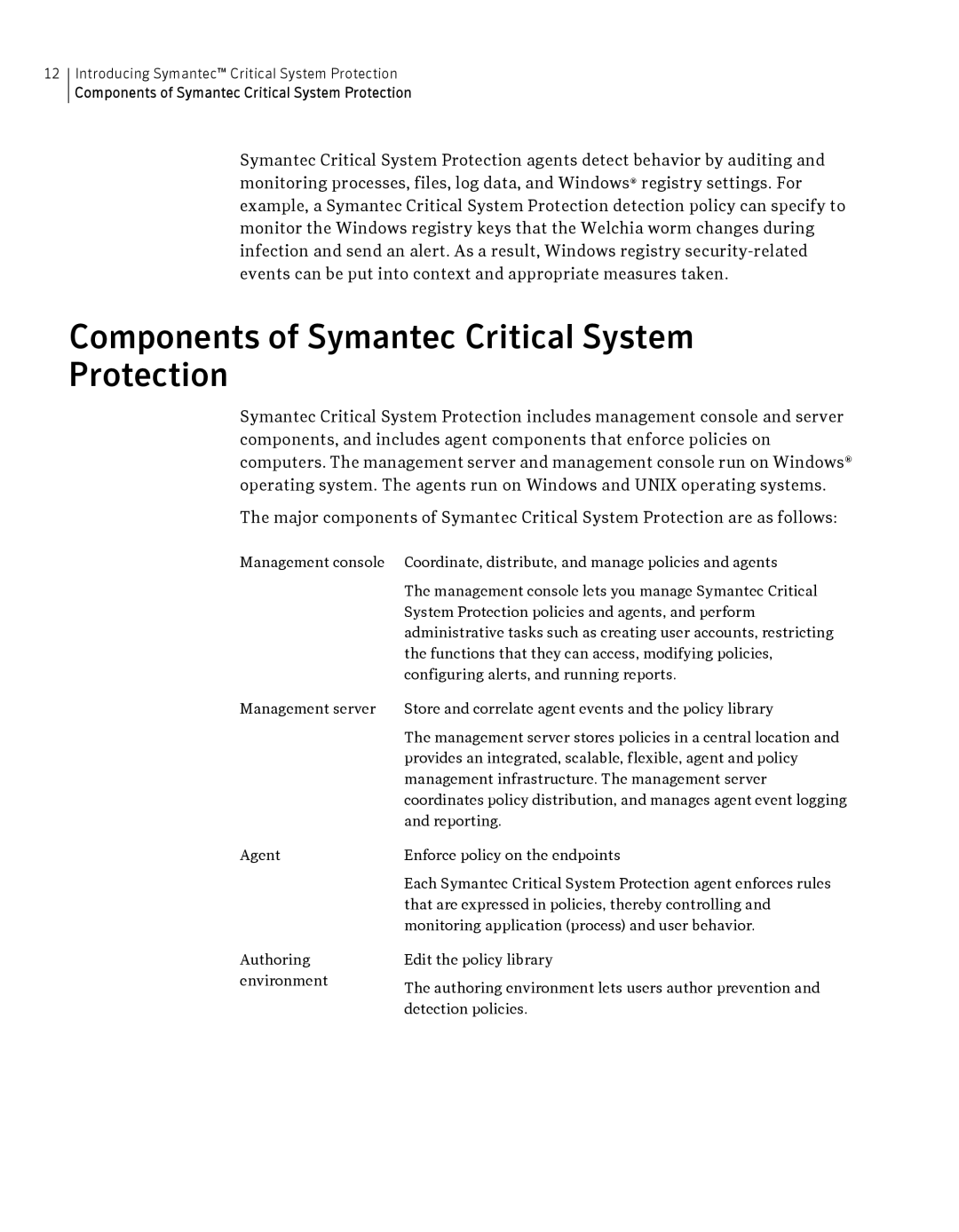 Symantec manual Components of Symantec Critical System Protection 