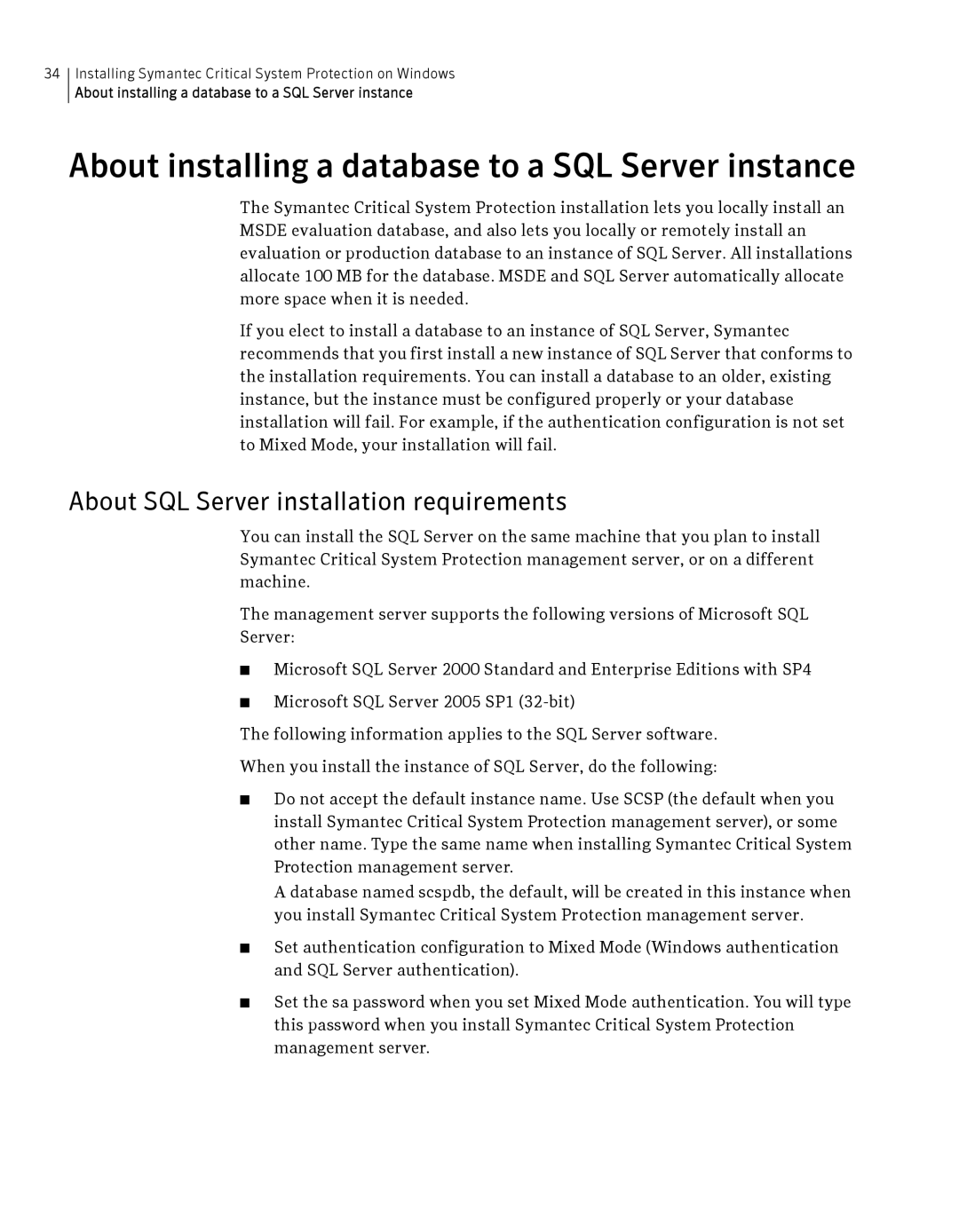 Symantec Critical System About installing a database to a SQL Server instance, About SQL Server installation requirements 