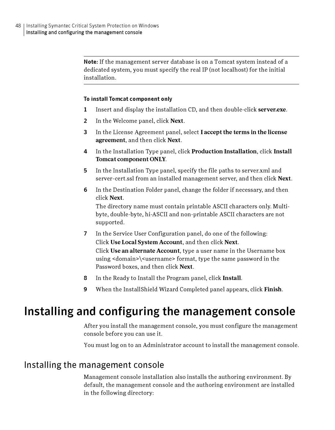 Symantec Critical System manual Installing and configuring the management console, Installing the management console 