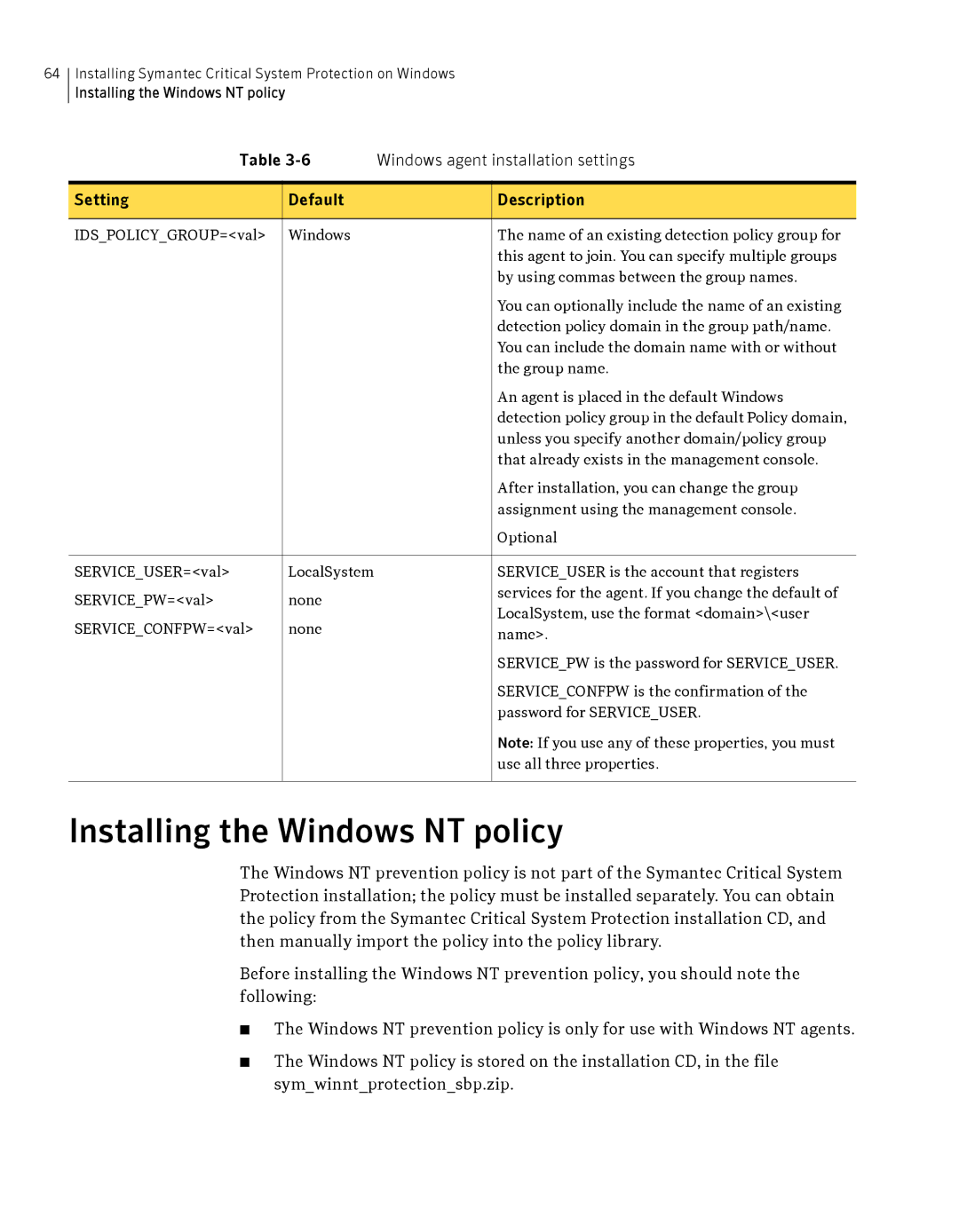 Symantec Critical System manual Installing the Windows NT policy 