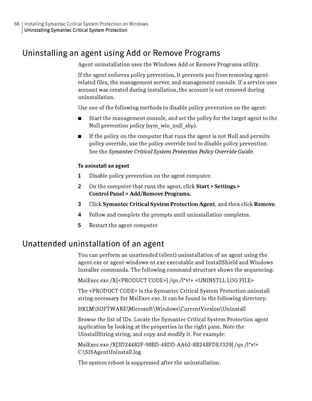 Symantec Critical System manual Uninstalling an agent using Add or Remove Programs, Unattended uninstallation of an agent 