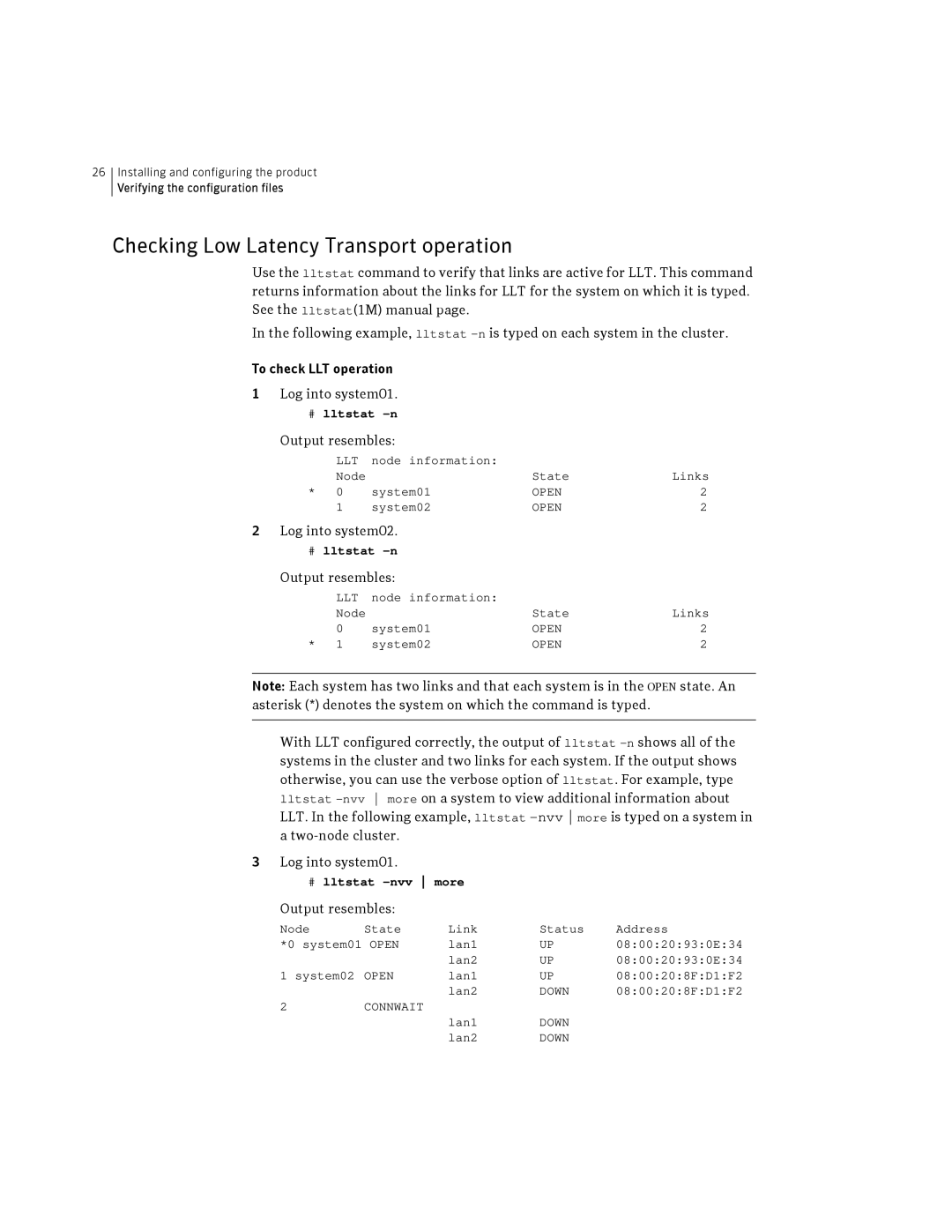 Symantec HP-UX manual Checking Low Latency Transport operation, Output resembles, Log into system02 