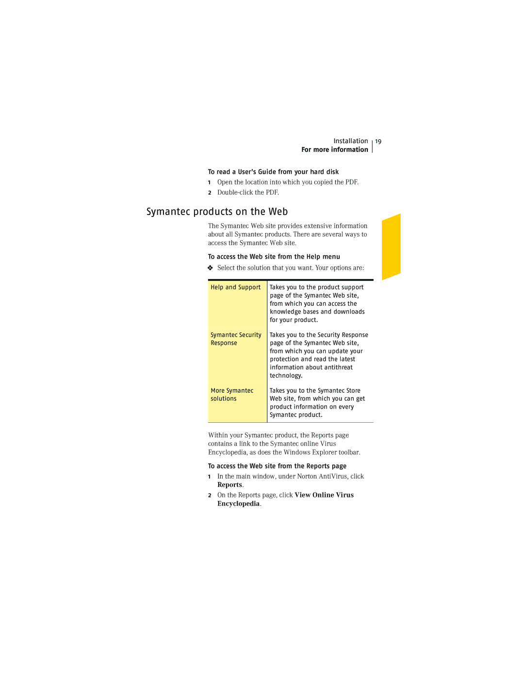 Symantec NIS2005 manual Symantec products on the Web, To read a User’s Guide from your hard disk 