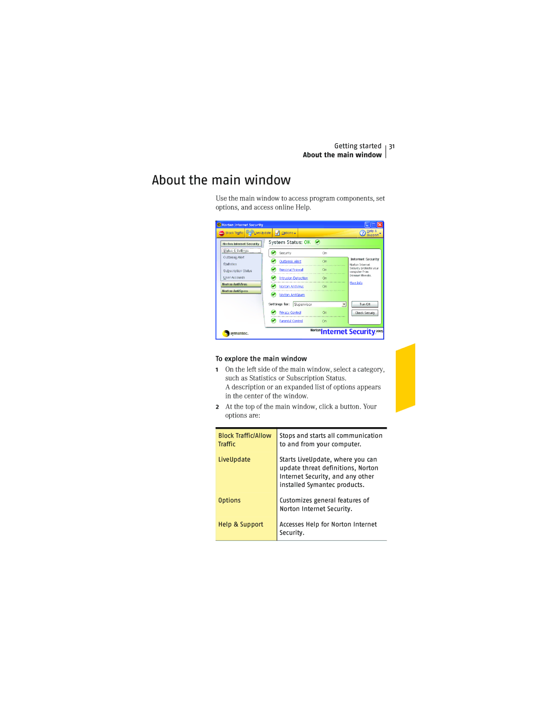 Symantec NIS2005 manual About the main window, To explore the main window 