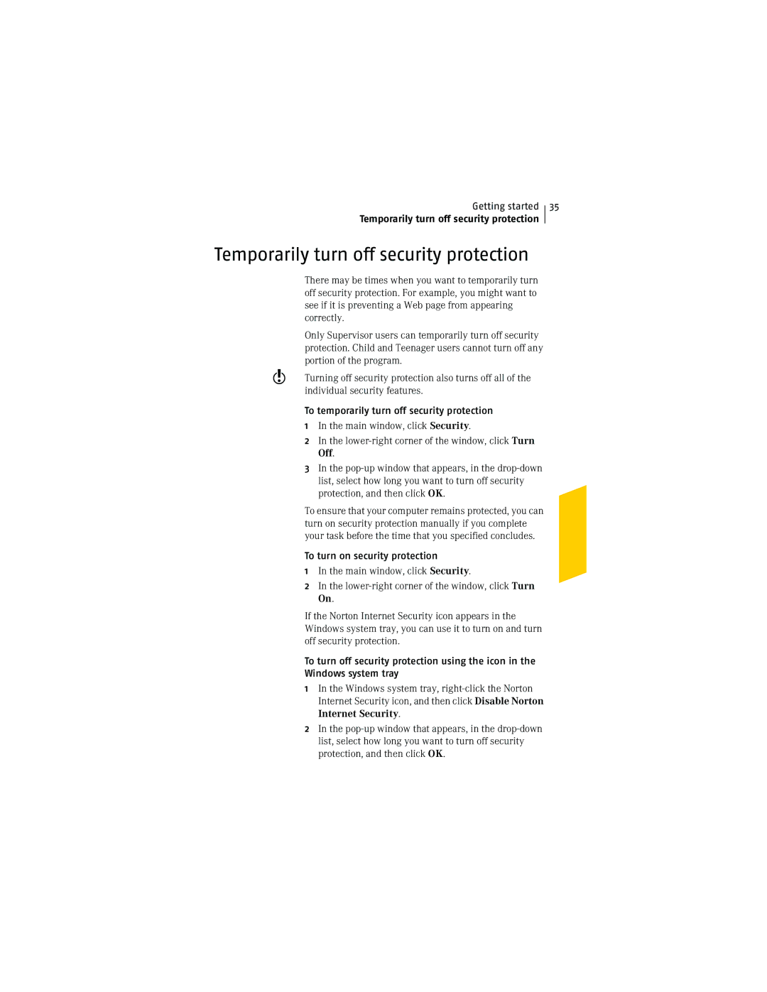 Symantec NIS2005 manual Temporarily turn off security protection, To temporarily turn off security protection 