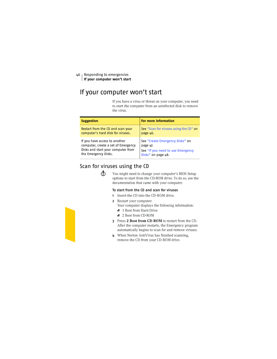 Symantec NIS2005 manual If your computer won’t start, Scan for viruses using the CD 