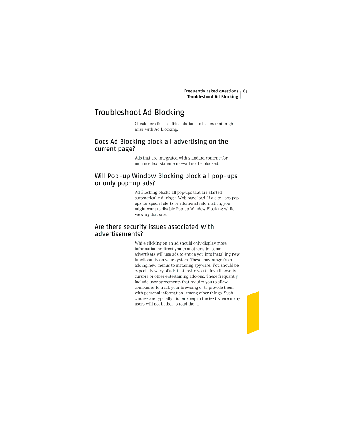 Symantec NIS2005 manual Troubleshoot Ad Blocking, Does Ad Blocking block all advertising on the current page? 