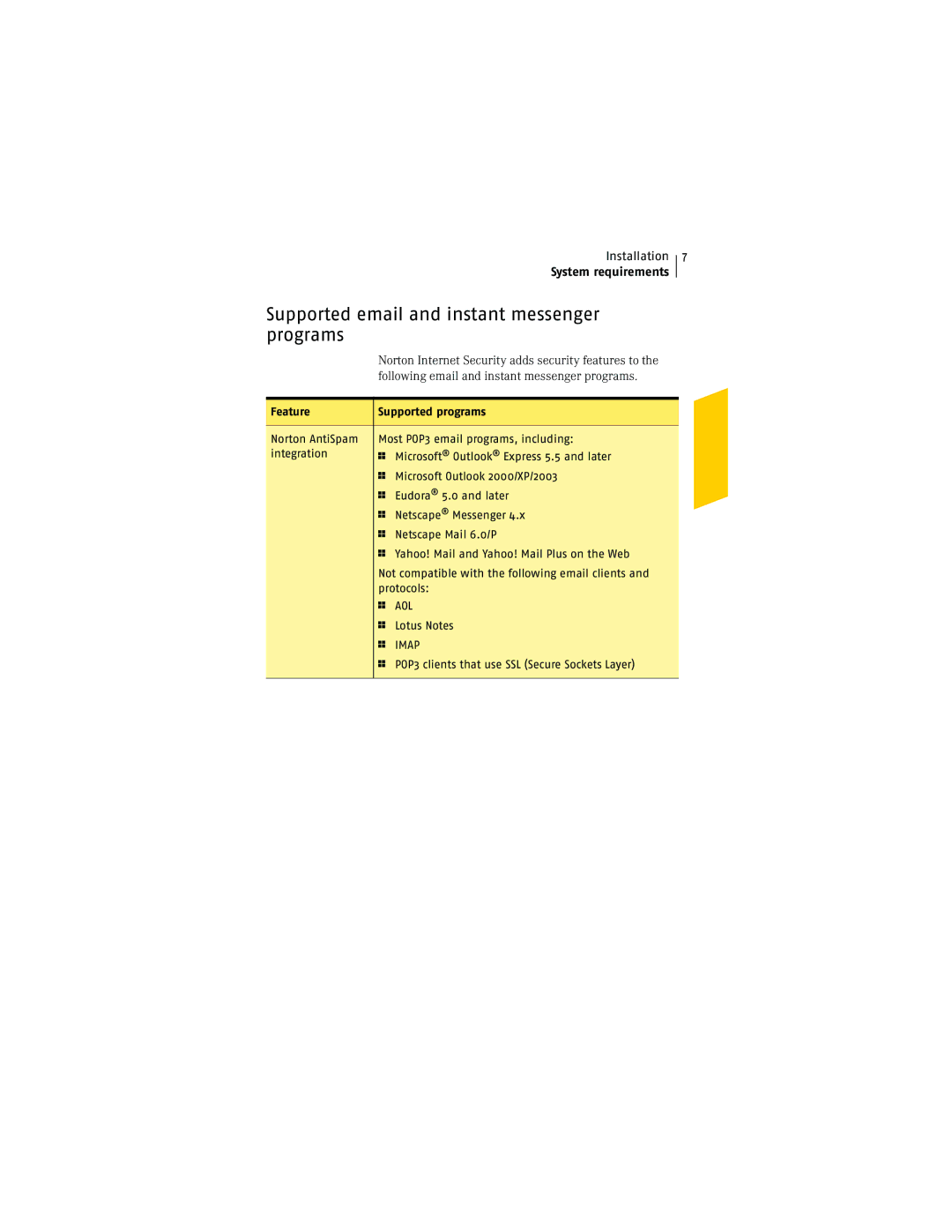 Symantec NIS2005 manual Supported email and instant messenger programs, Feature Supported programs 