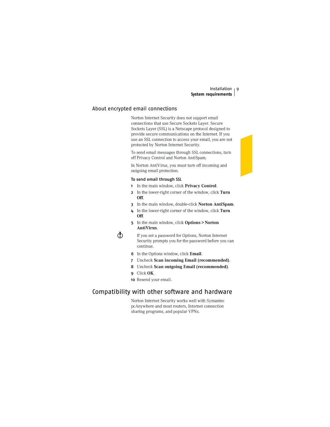 Symantec NIS2005 manual Compatibility with other software and hardware, To send email through SSL 