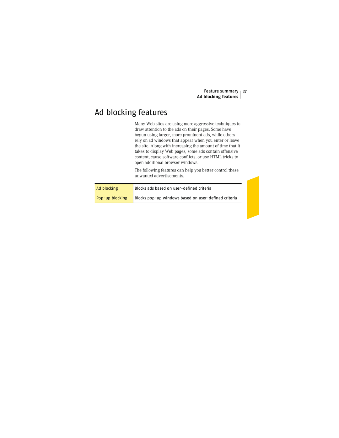 Symantec NIS2005 manual Ad blocking features, Feature summary 
