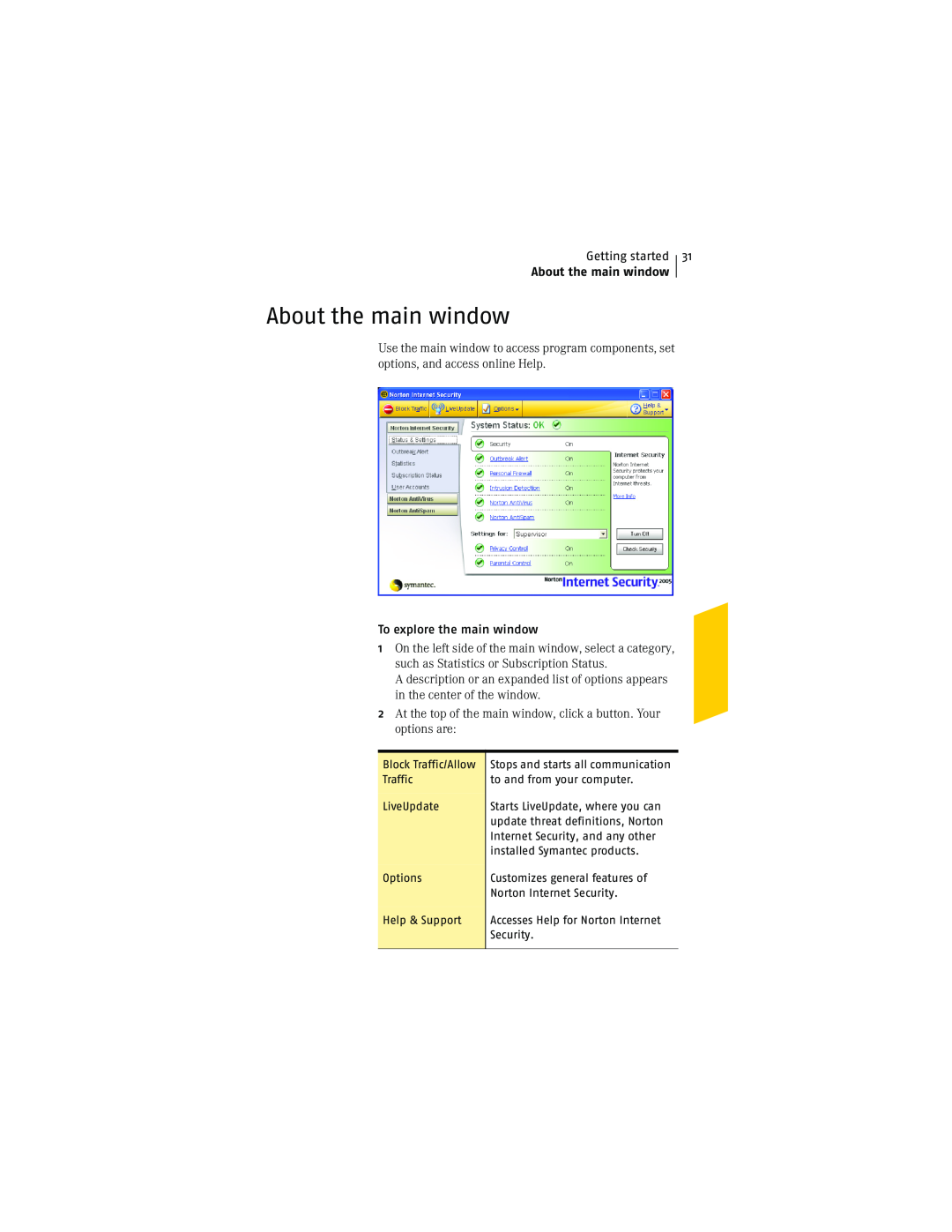 Symantec NIS2005 manual About the main window, Getting started, To explore the main window 